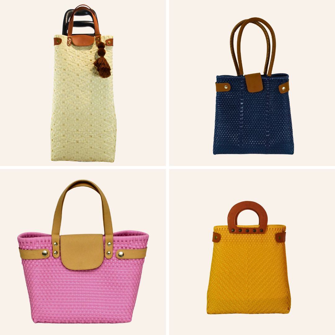 Cuatro bolsas artesanales hechas a mano en México: diseños únicos con asas de piel y colores vibrantes, elaboradas con materiales reciclados y propósito social.