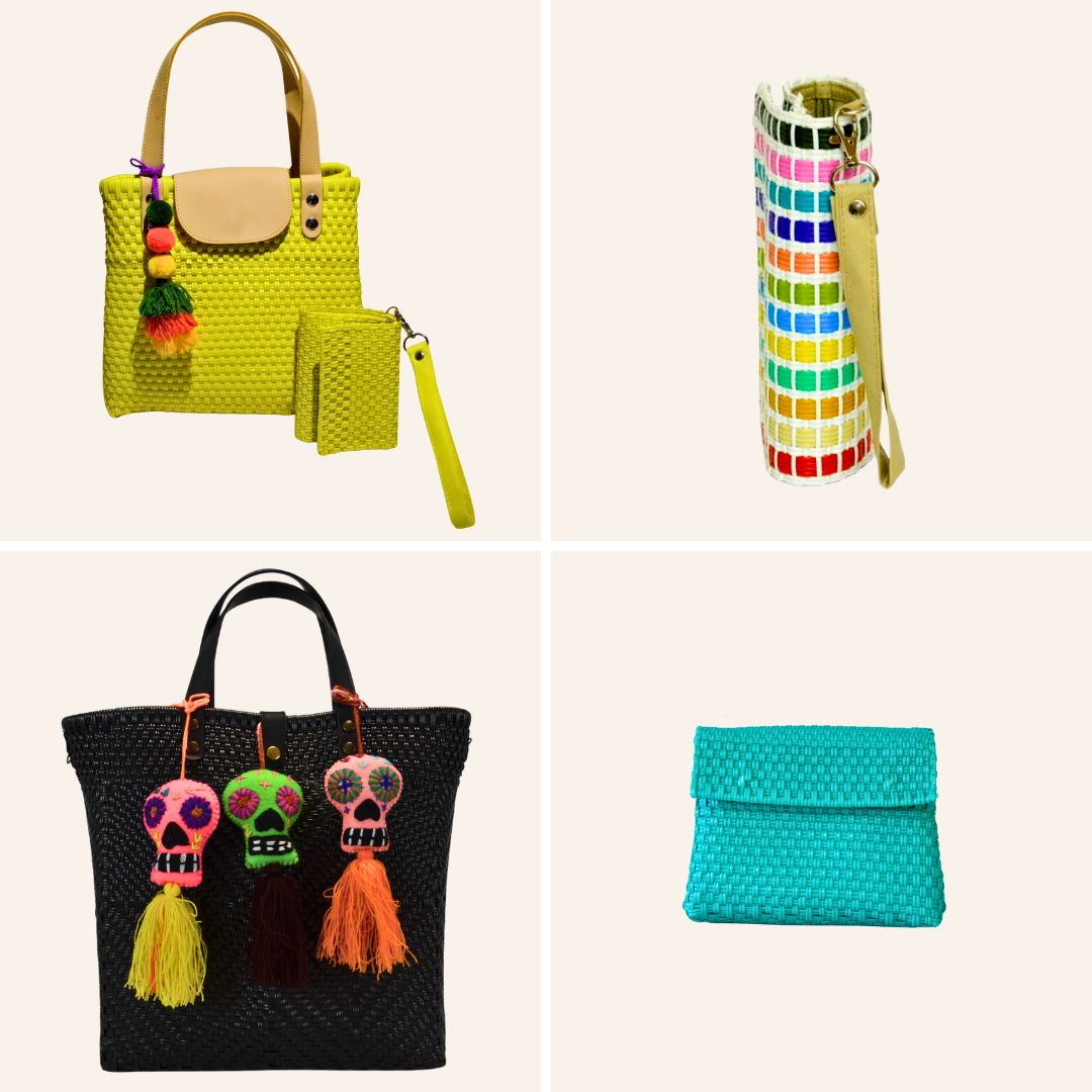 Fotografía cuadrada 1:1, fondo neutro beige claro, superficie de lino o madera clara, varias borlas y corazones tejidos a mano, luz natural suave, estilo artesanal moderno, enfoque en textura y color