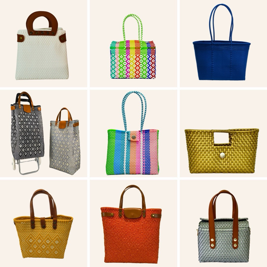 Fotografía cuadrada 1:1 de una tote artesanal mexicana sobre fondo beige o gris claro, luz natural suave, estilo catálogo minimalista, enfoque en textura, asas de piel y tejido artesanal.”