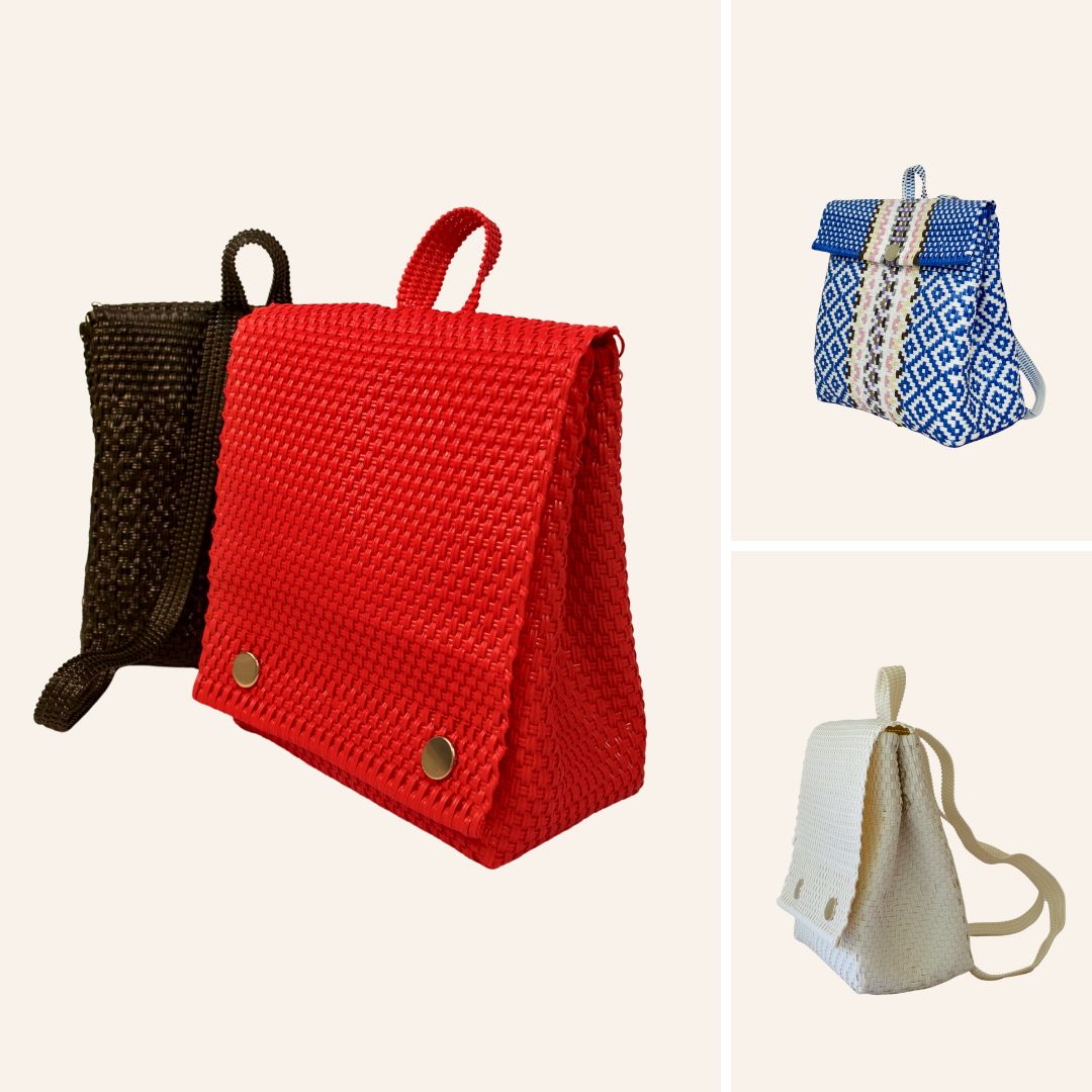 Mochilas artesanales hechas a mano en México con materiales reciclados. Diseños coloridos y sostenibles elaborados en centros de reinserción social, que combinan funcionalidad y propósito social.