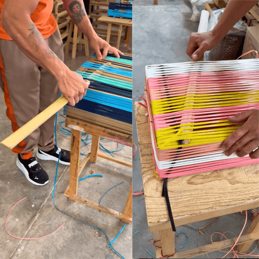 Hombre produciendo bolsa artesanal en un programa de reinserción social, ¿cómo se compra una bolsa artesanal?