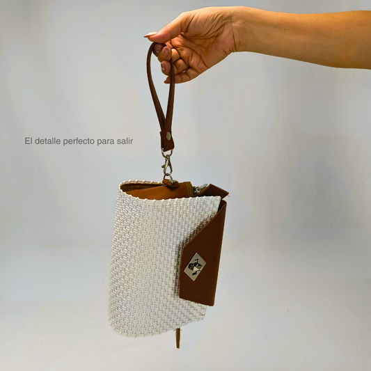 Bolsa artesanal mexicana hecha a mano color blanco con asa de piel - Bolsa Artesanal MX