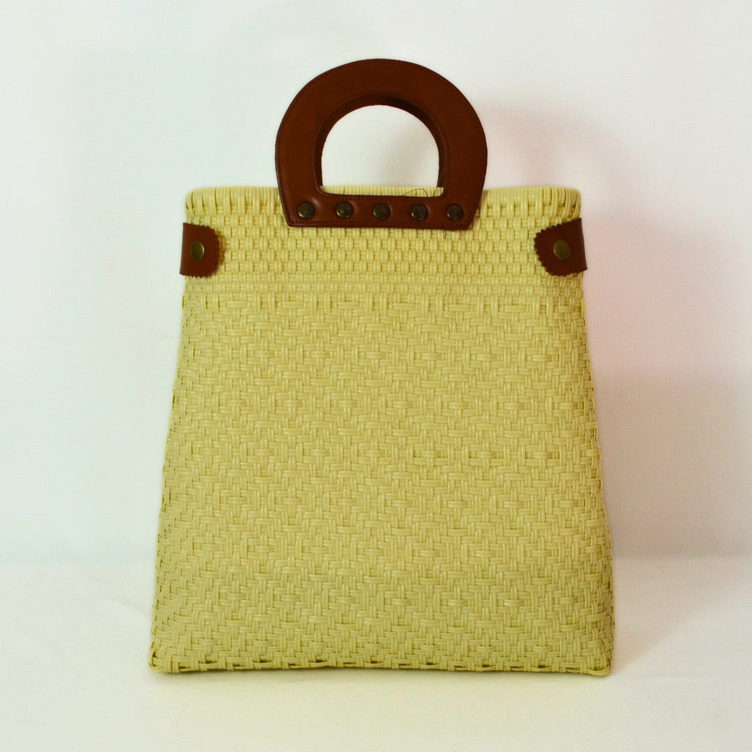 Tote grande piel artesanal México, bolsa tejida a mano con asa circular