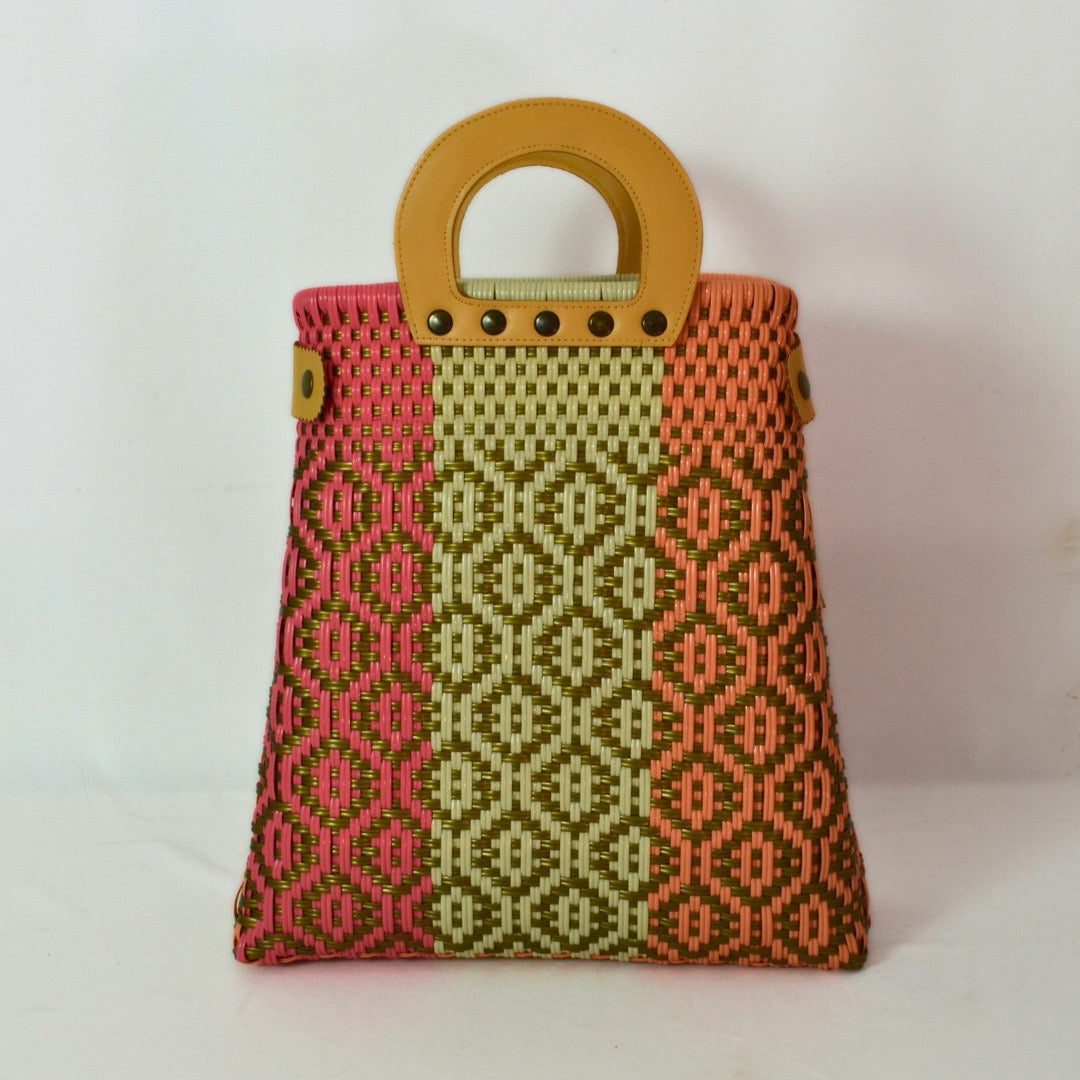 Tote grande piel artesanal México, bolsa tejida a mano con asa circular