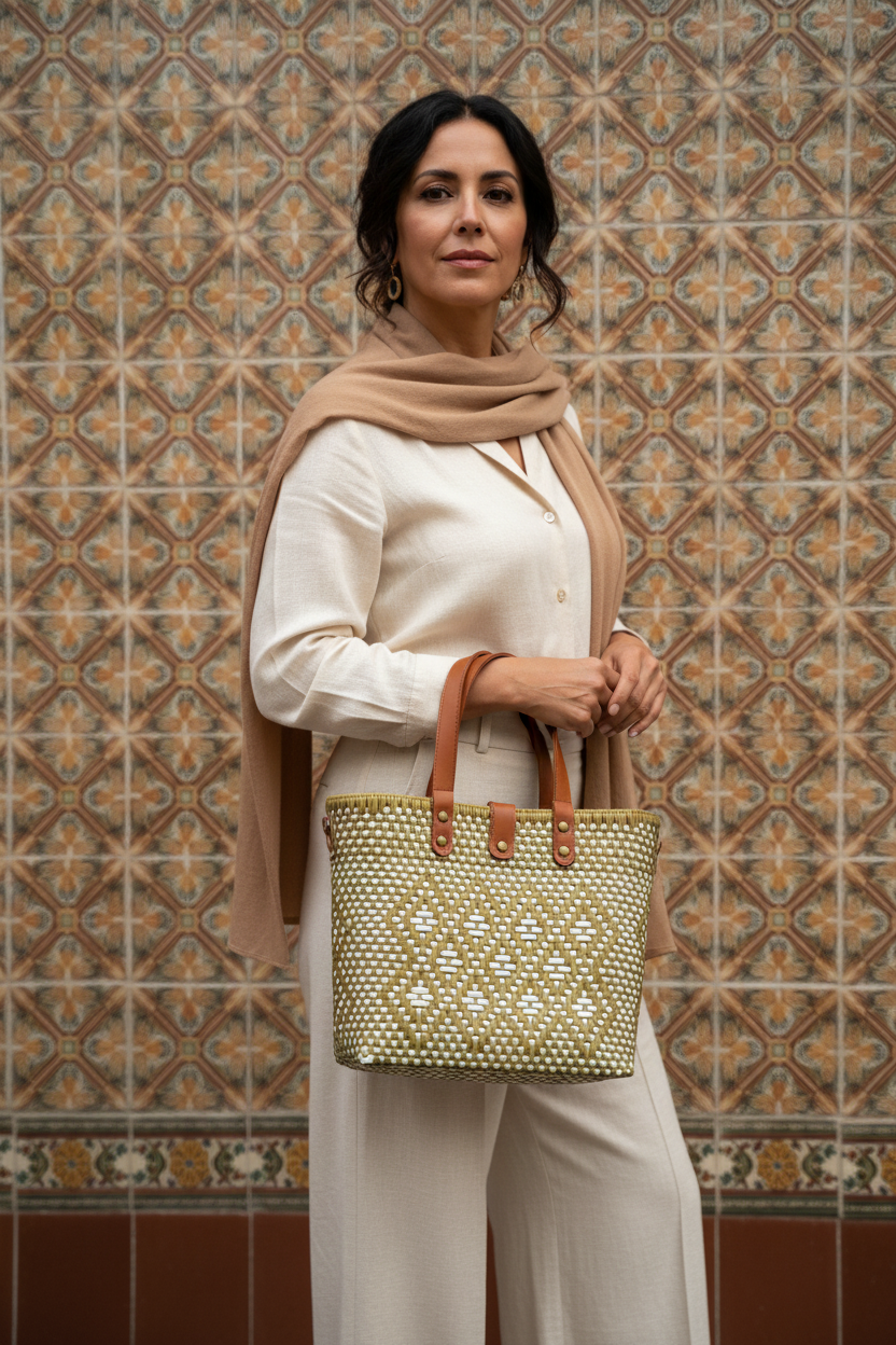 Mujer con bolsa artesanal frente a talavera poblana