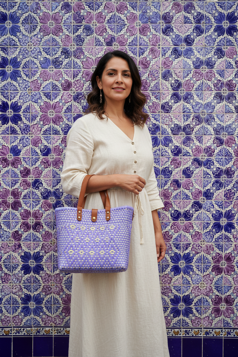 Mujer con bolsa morada y talavera en tonos coordinados
