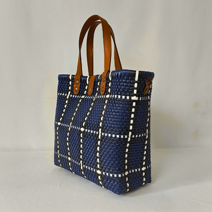 Tote Grande Azul Cuadro con Asas de Piel – Edición Limitada - Bolsa Artesanal Mx