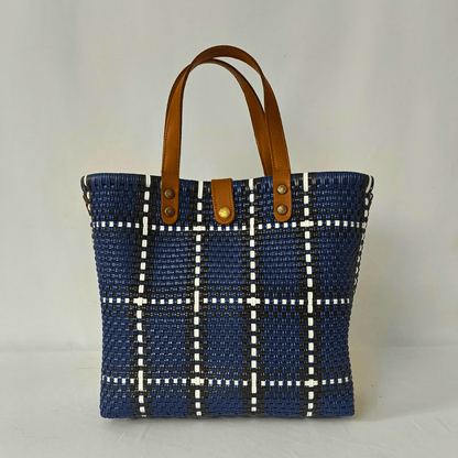 Tote Grande Azul Cuadro con Asas de Piel – Edición Limitada - Bolsa Artesanal Mx