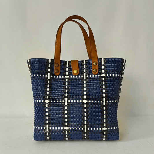 Tote Grande Azul Cuadro con Asas de Piel – Edición Limitada - Bolsa Artesanal Mx
