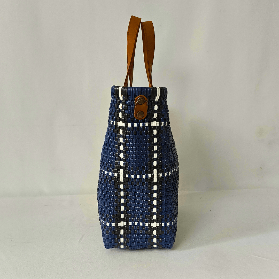Tote Grande Azul Cuadro con Asas de Piel – Edición Limitada - Bolsa Artesanal Mx