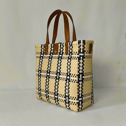 Tote Grande Beige Cuadro con Asas de Piel – Edición Limitada | Bolsa Artesanal MX - Bolsa Artesanal Mx