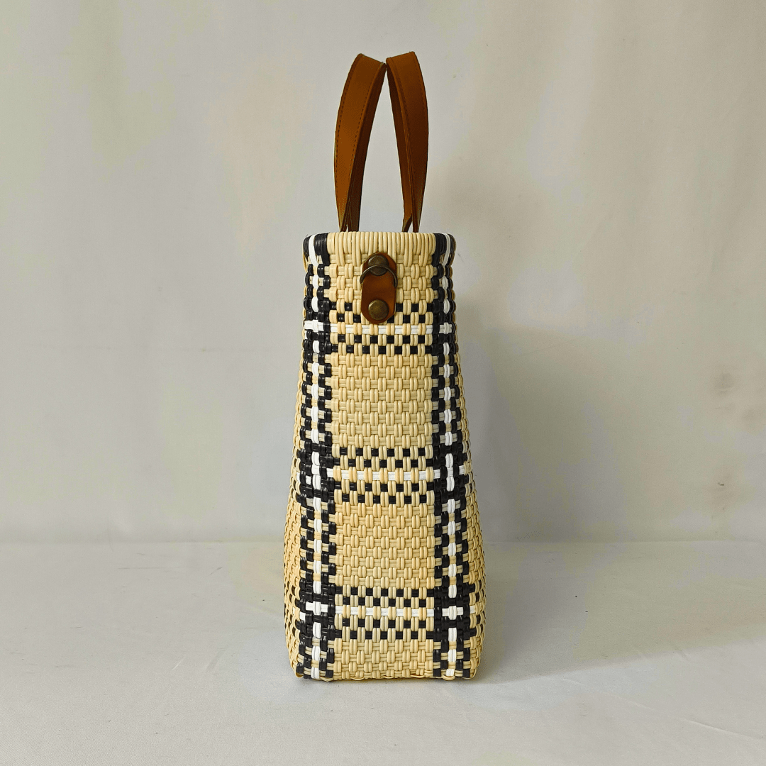 Tote Grande Beige Cuadro con Asas de Piel – Edición Limitada | Bolsa Artesanal MX - Bolsa Artesanal Mx