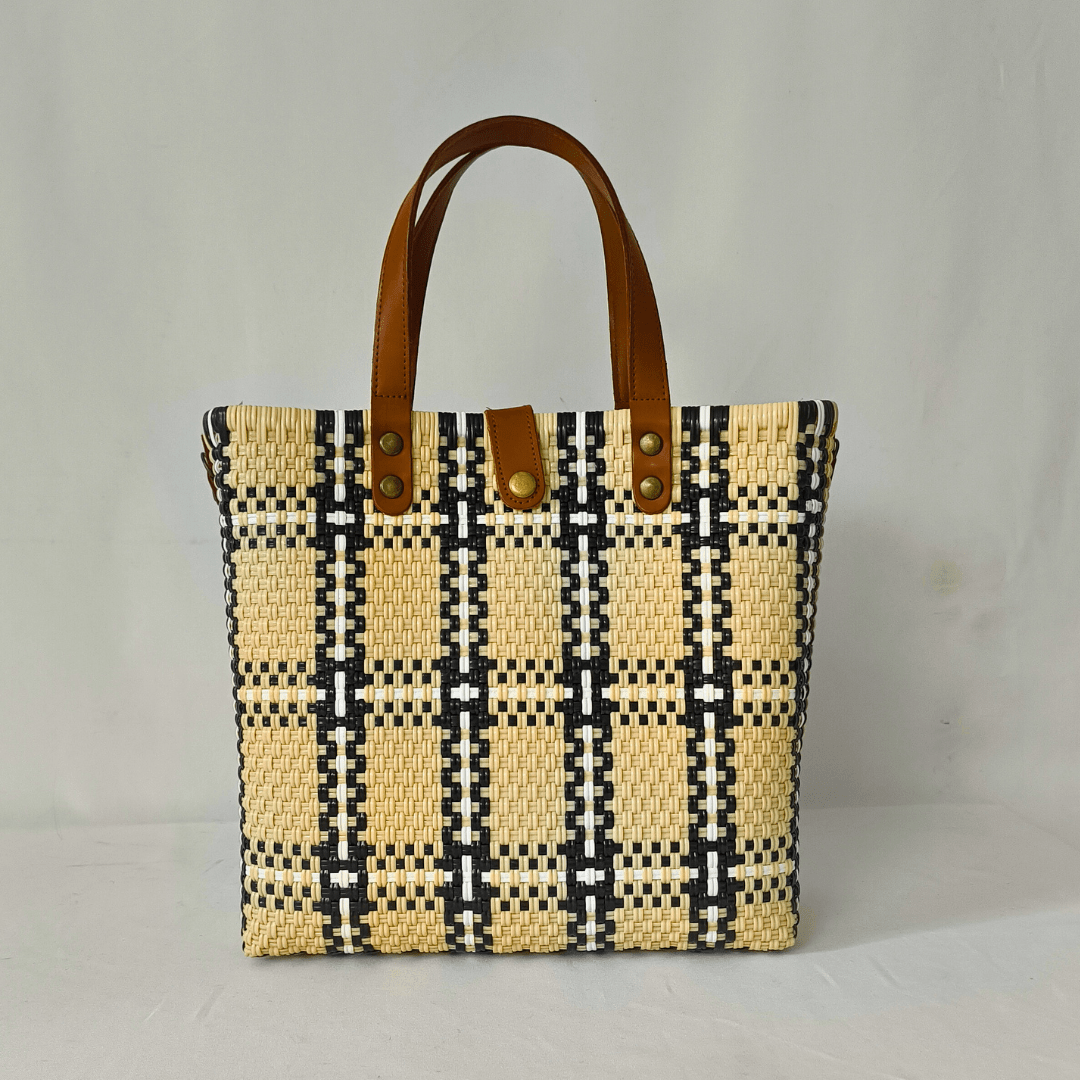 Tote Grande Beige Cuadro con Asas de Piel – Edición Limitada | Bolsa Artesanal MX - Bolsa Artesanal Mx