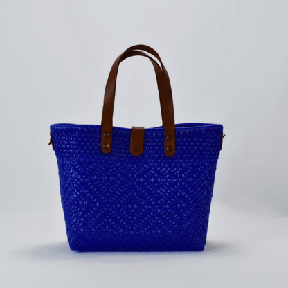 Tote mediano asa de piel azul rey asa negra - Bolsa Artesanal MX hecha en México