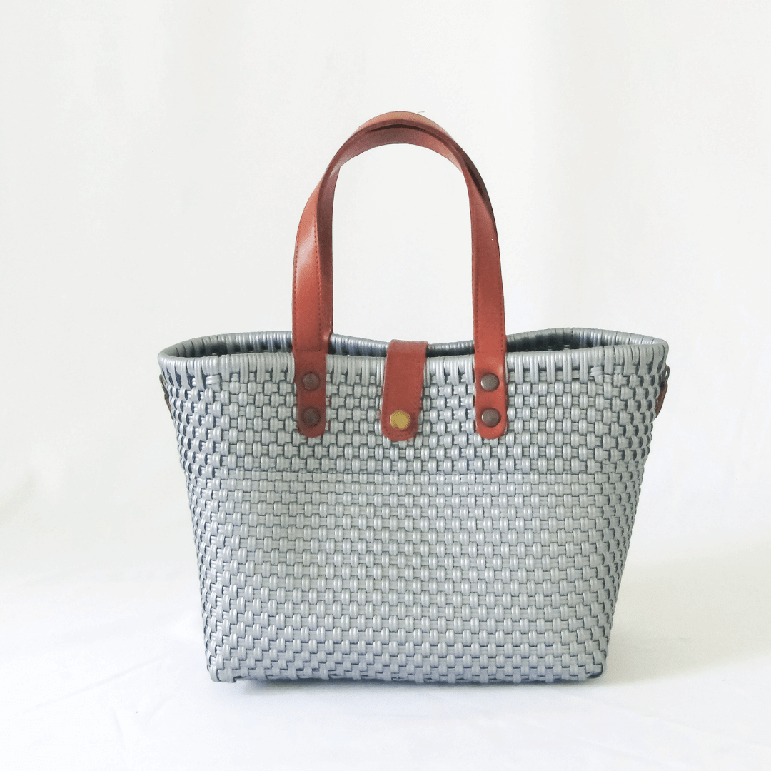 Tote mediano asa piel gris asa café - Bolsa Artesanal MX hecha en México