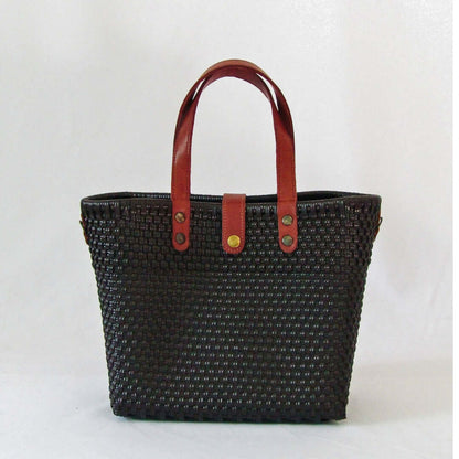 Tote mediano asa piel negro asa café - tejido LDPE reciclado artesanal México