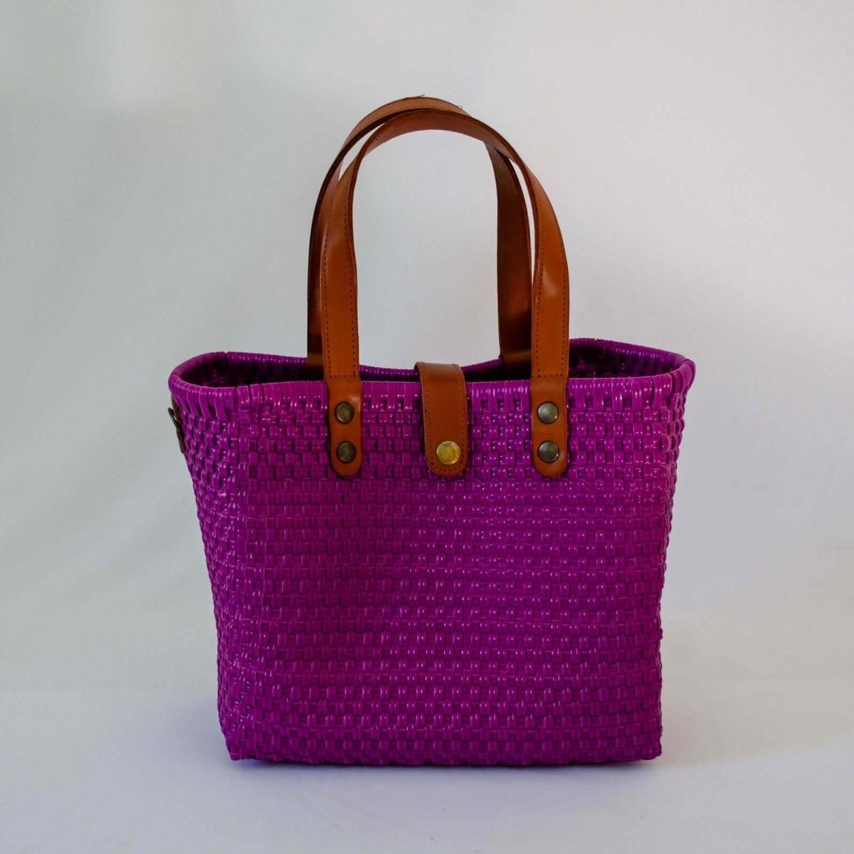 Tote mediano asa piel morado asa café - Bolsa Artesanal MX hecha en México