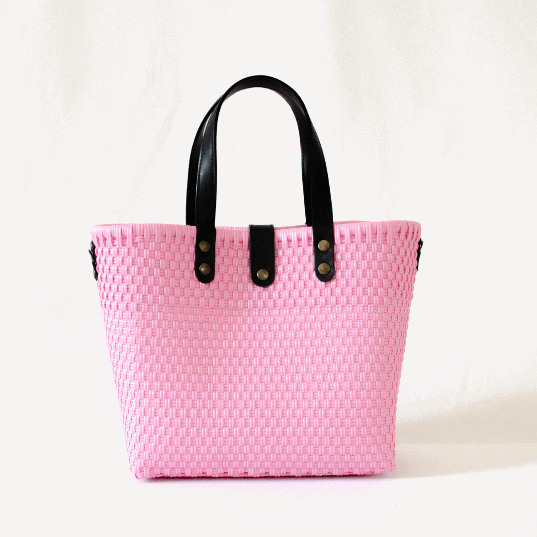 Tote mediano asa piel rosa asa negra - Bolsa Artesanal MX hecha en México